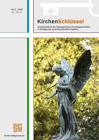 Engelsstatue mit ausgestreckter Hand; Kirchenbrief-Titel.