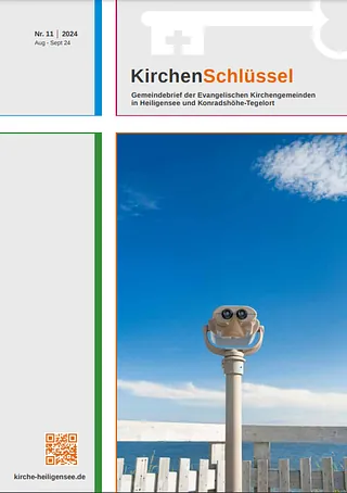 Fernglas mit Blick auf Wasser und Himmel, Kirchenbrief-Titel.
