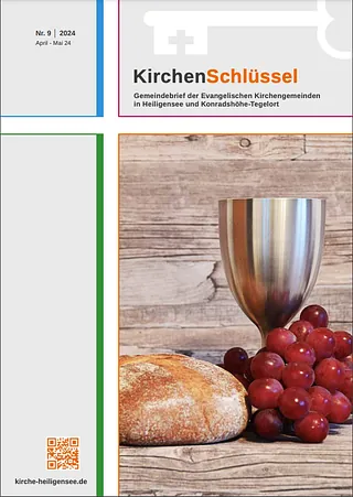 Kelch, Brot und Trauben auf Holz; Kirchenbrief-Titel.