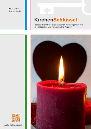 Brennende rote Kerze mit Herzschatten; Kirchenbrief-Titel.