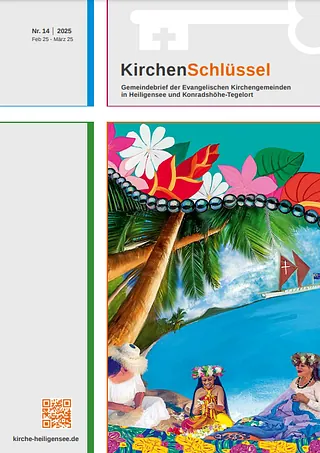 Tropische Szene mit Blumen, Boot, Menschen; Kirchenbrief-Titel.