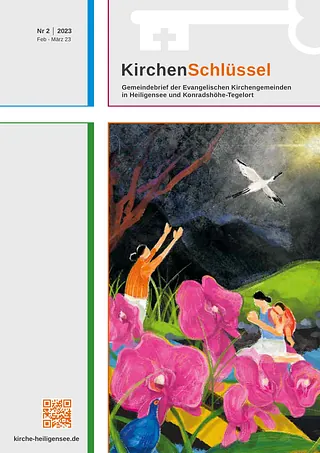 Gemälde von Menschen, Vogel, Blumen; Kirchenbrief-Titel.