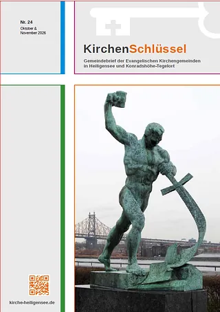 Titelbild des Gemeindebriefes Kirchenschlüssel zeigt eine Skulptur, ein Denkmal, das einen Mann zeigt, der ein Schwert schmiedet