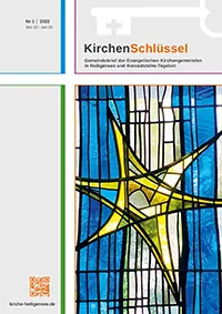 Buntglasfenster mit Sternmotiv; Kirchenbrief-Titel.