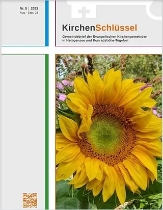 Nahaufnahme einer leuchtend gelben Sonnenblume; Kirchenbrief-Titel.